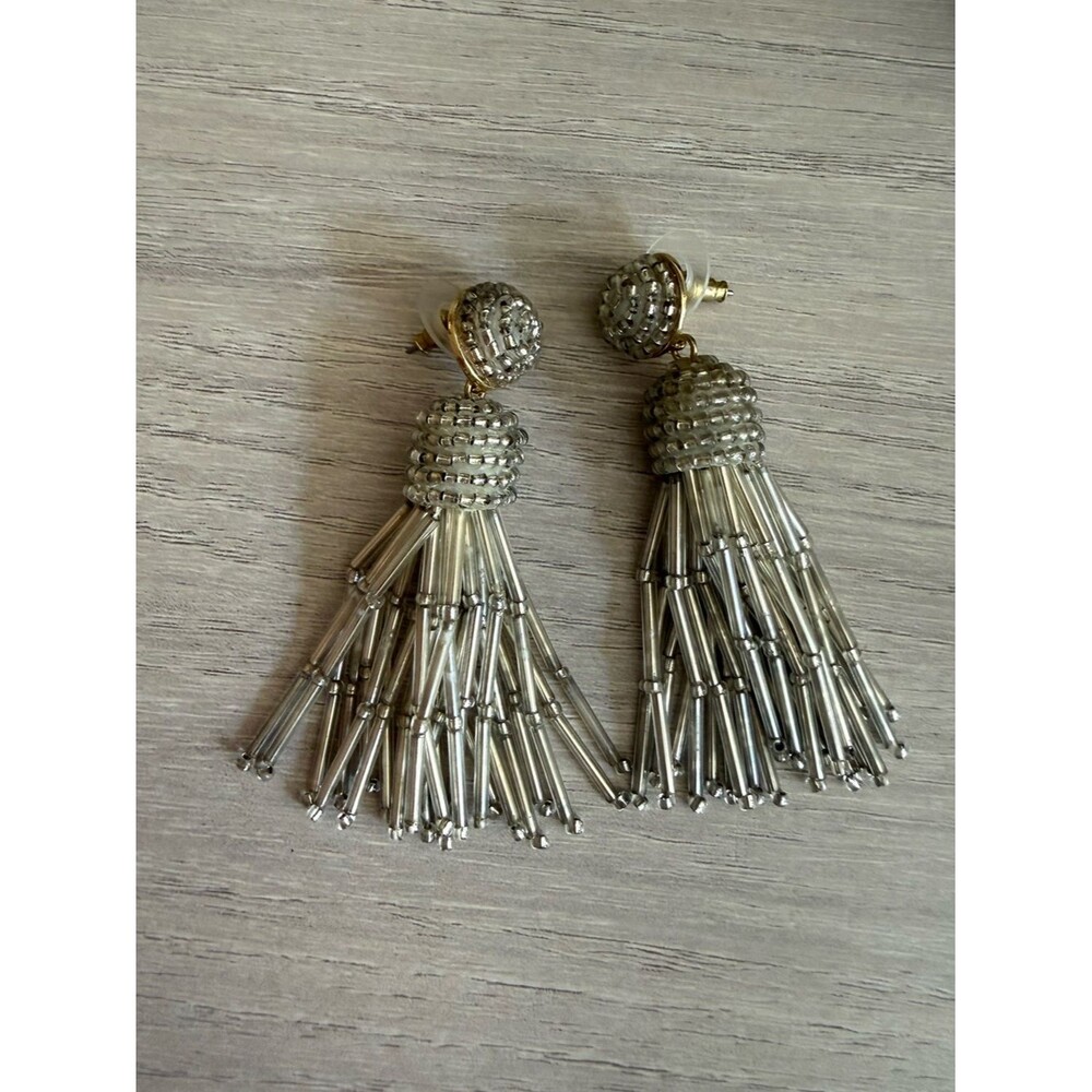 Silver Beaded Tassel Statement Earrings Fringe Dangle Boho Festival